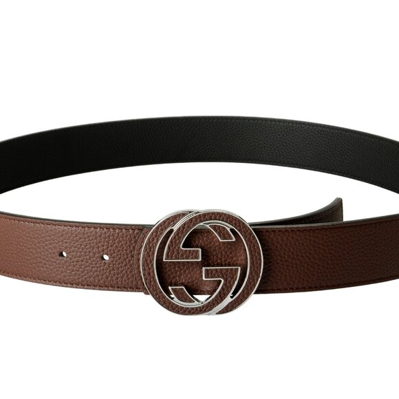 Gucci Black/Brown Textured Leather Reversible Double G Buckle Belt US 32 IT 80 - Picture 2 of 4
